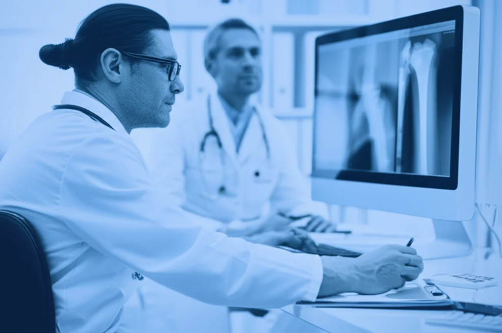 Un chirurgo ortopedico esamina attentamente una radiografia dell'arto inferiore su un monitor ad alta risoluzione in uno studio medico moderno. Portrait photography, 35mm lens, con profondità di campo per mettere a fuoco il chirurgo e lo schermo, mentre lo sfondo rimane leggermente sfocato. Illuminazione soffusa ma direzionale per evidenziare l'espressione concentrata del medico. Duotone in blu e grigio per un'atmosfera professionale e tecnologica.