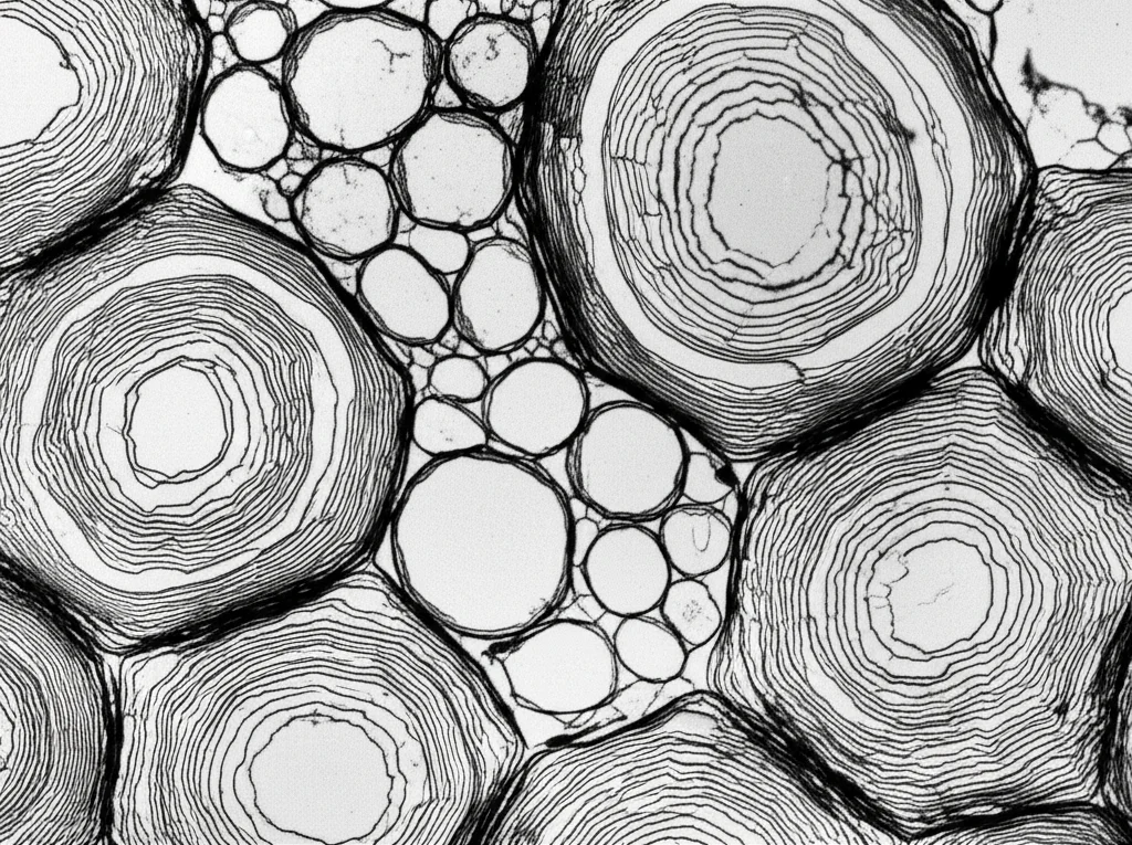 Immagine al microscopio elettronico a trasmissione (TEM) di cellule vegetali di pero, che mostra nel dettaglio le pareti cellulari secondarie ispessite e lignificate. Obiettivo macro 100mm, alta definizione, illuminazione specifica per campioni biologici, contrasto elevato per evidenziare le strutture cellulari.
