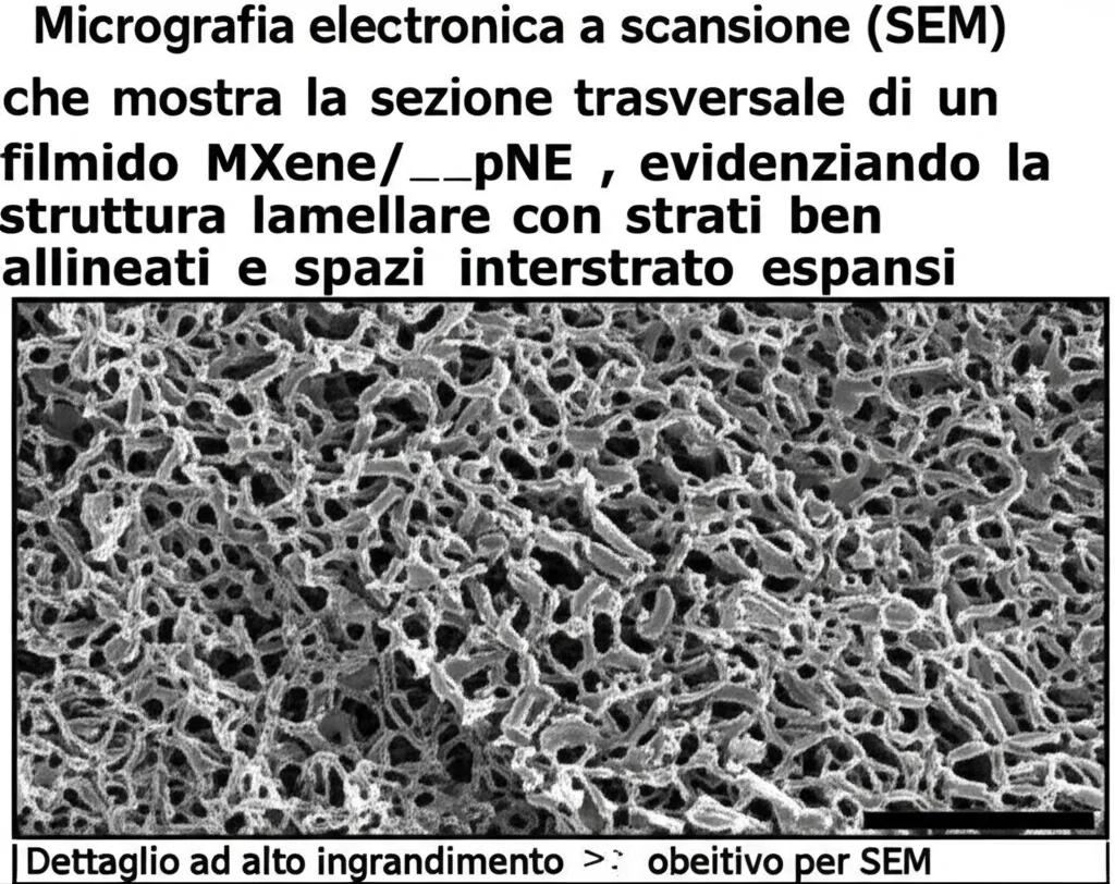 Micrografia elettronica a scansione (SEM) che mostra la sezione trasversale di un film ibrido MXene/pNE, evidenziando la struttura lamellare con strati ben allineati e spazi interstrato espansi. Dettaglio ad alto ingrandimento, obiettivo per SEM.