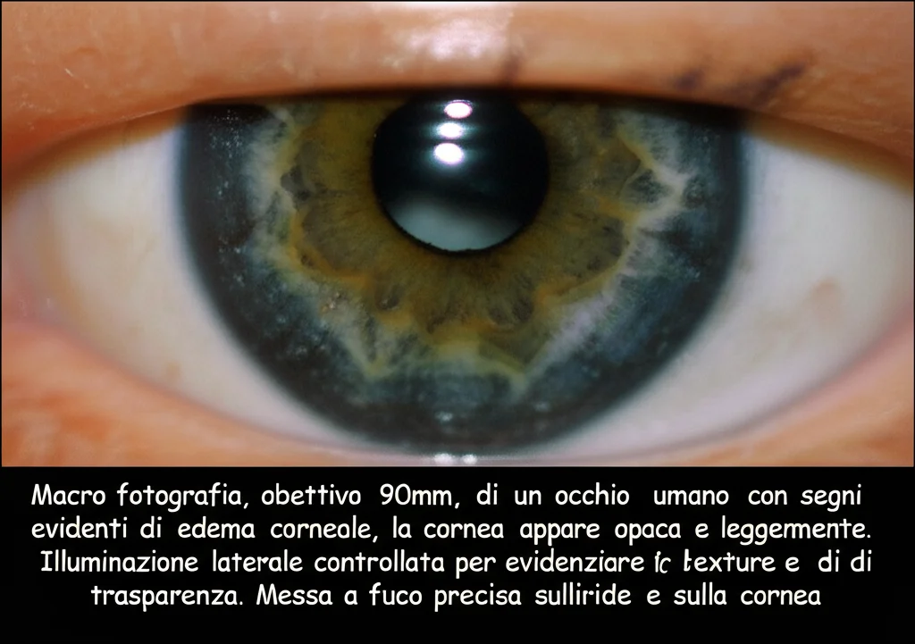 Macro fotografia, obiettivo 90mm, di un occhio umano con segni evidenti di edema corneale, la cornea appare opaca e leggermente rigonfia. Illuminazione laterale controllata per evidenziare la texture e la mancanza di trasparenza. Messa a fuoco precisa sull'iride e sulla cornea.