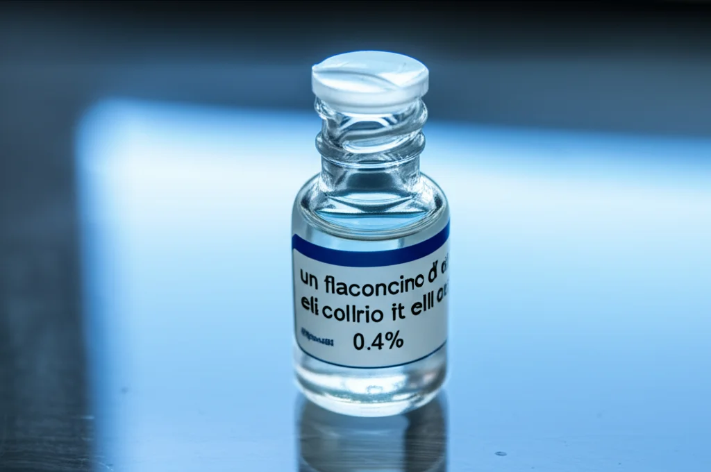 Still life, obiettivo macro 60mm, un flaconcino di collirio etichettato 'Ripasudil 0.4%' appoggiato su una superficie pulita e riflettente, accanto a una rappresentazione stilizzata di cellule endoteliali corneali. Illuminazione da studio controllata, alta definizione dei dettagli del flacone e dell'etichetta.