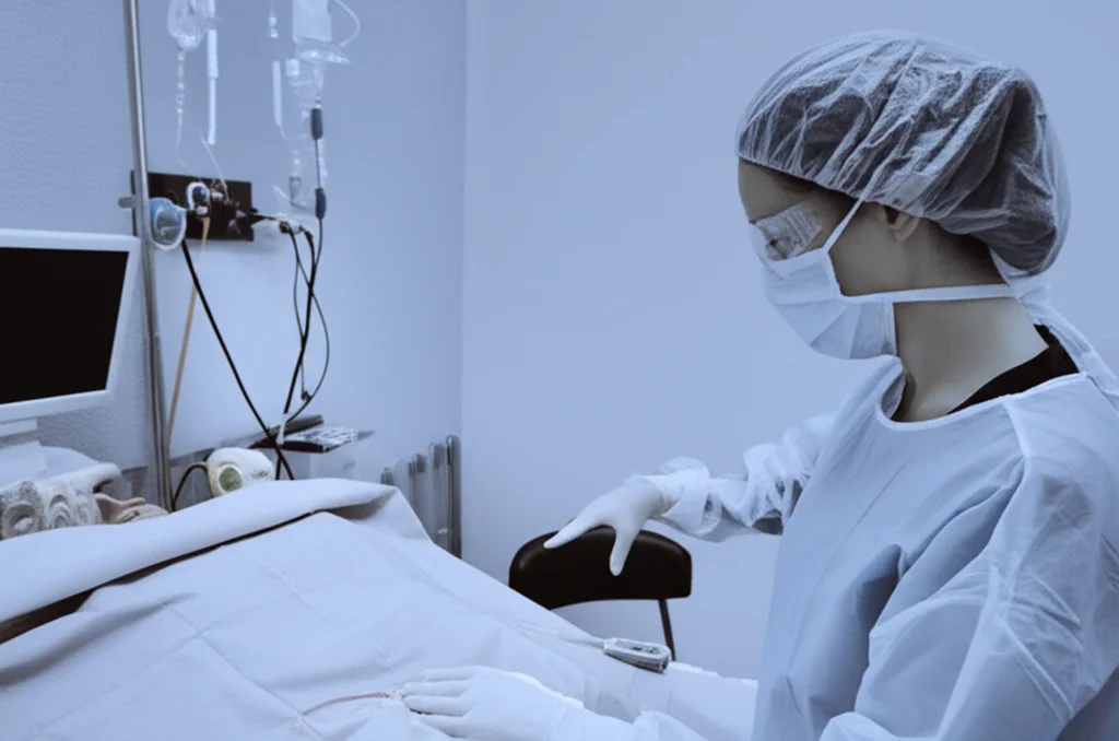 Un'infermiera specializzata in terapia intensiva che monitora attentamente i parametri vitali di un paziente in posizione prona. L'immagine è un ritratto a 35mm, con toni duotone seppia e grigio chiaro, che crea un'atmosfera concentrata e professionale, mettendo in risalto la dedizione del personale sanitario.