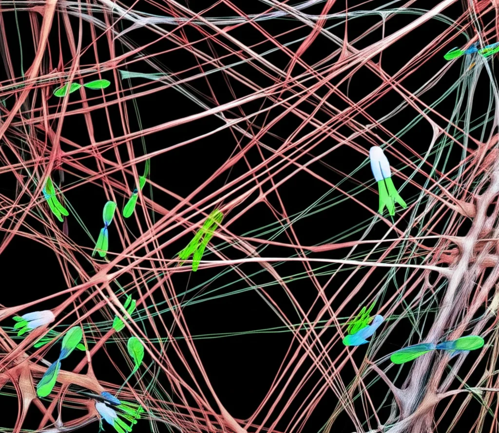 Immagine macro ad alta definizione di una rete neurale complessa, con proteine stilizzate (SorLA) che si muovono lungo i percorsi cellulari. Illuminazione controllata per evidenziare i dettagli. Lente macro 100mm, high detail, precise focusing.