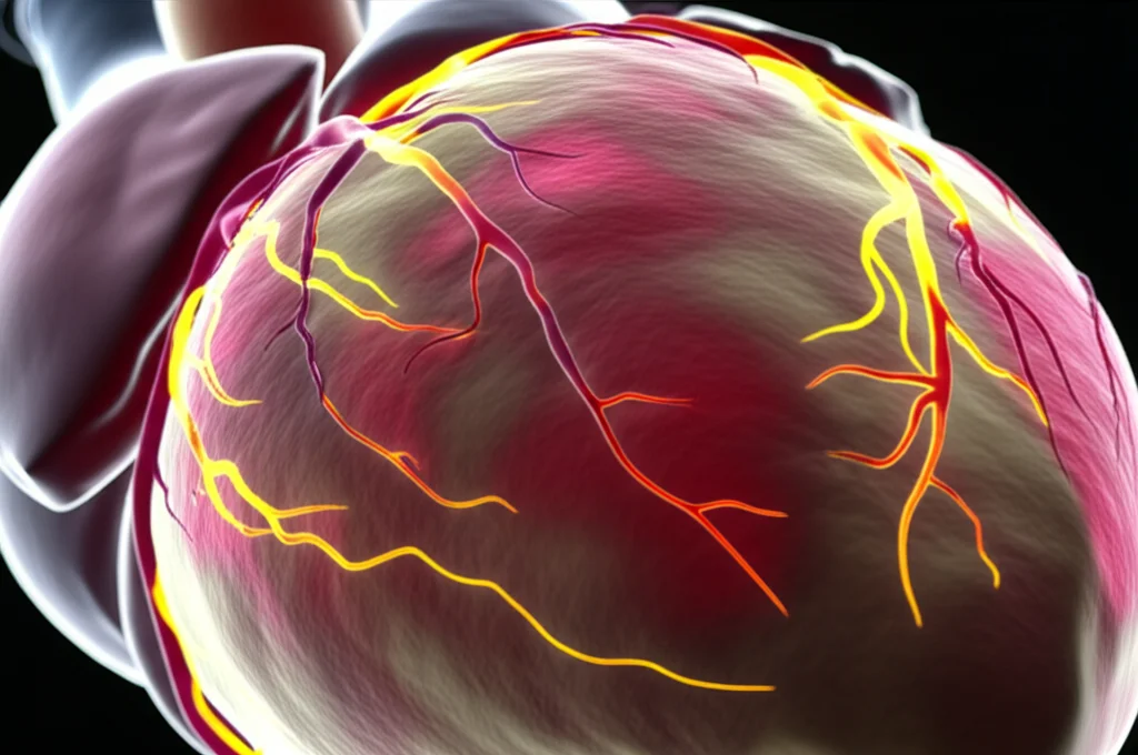 Un'immagine macro di un cuore umano stilizzato con aree infiammate e impulsi elettrici caotici a rappresentare la fibrillazione atriale indotta dalla sepsi, illuminazione controllata per evidenziare i dettagli, obiettivo macro 90mm.