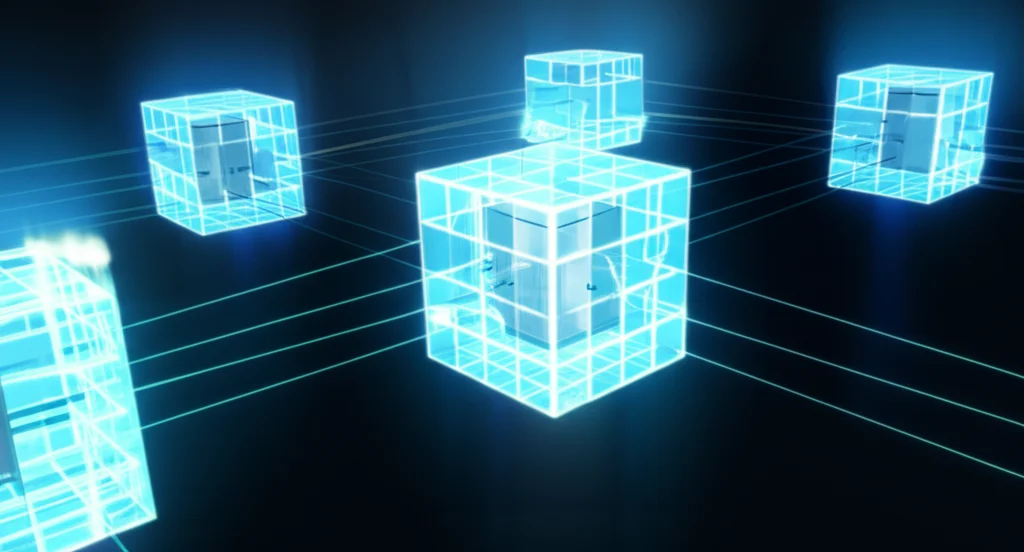 Visualizzazione astratta di un processo di calcolo parallelo. Un nodo master centrale, illuminato in blu e grigio duotono, invia dati a nodi worker satelliti, rappresentati come cubi luminosi interconnessi da raggi di luce. Prime lens, 35mm, depth of field, sfondo scuro per far risaltare la luce.