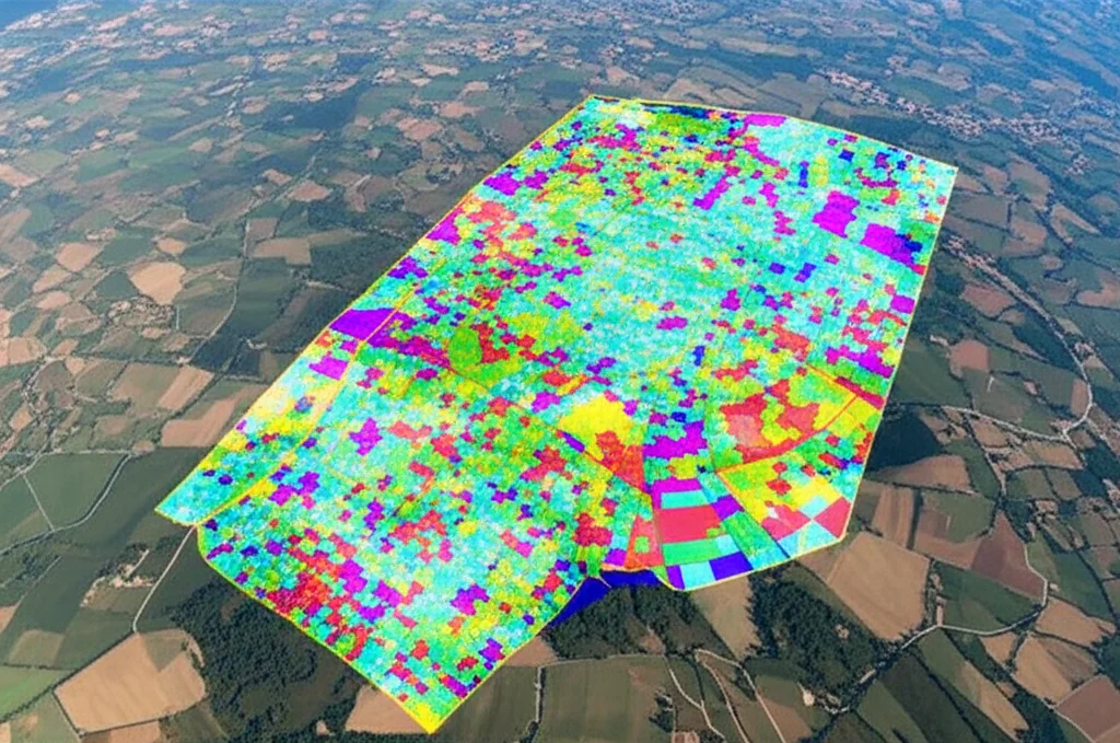Fotografia aerea di una mappa catastale digitale complessa, con milioni di lotti colorati diversamente, sovrapposta a un paesaggio reale frammentato. Wide-angle lens, 10mm, sharp focus, luce diurna brillante per evidenziare i dettagli della mappa e del terreno.