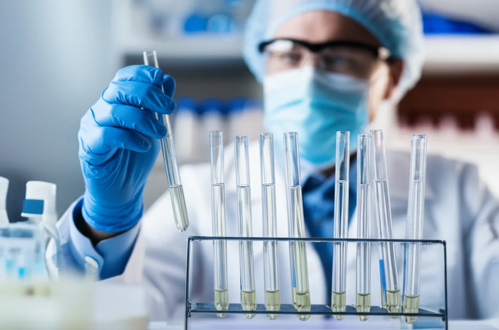 Fotografia di un tecnico di laboratorio che analizza campioni di liquido cerebrospinale in provette. Focus preciso sulle provette, sfondo leggermente sfocato (profondità di campo). Lente prime 35mm, colori naturali, controlled lighting.