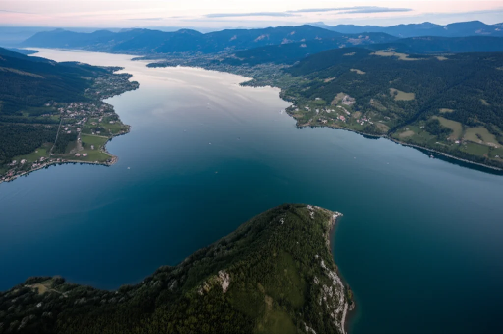 Immagine satellitare ad alta risoluzione di un'area geografica complessa con fiumi e laghi, alcuni parzialmente oscurati da nuvole sottili o ombre di montagne. L'immagine dovrebbe avere un aspetto fotorealistico, come se fosse scattata da un obiettivo grandangolare da 15mm, con messa a fuoco nitida sull'acqua e sul terreno circostante, evidenziando la difficoltà della segmentazione. Long exposure per rendere l'acqua liscia e le nuvole setose.