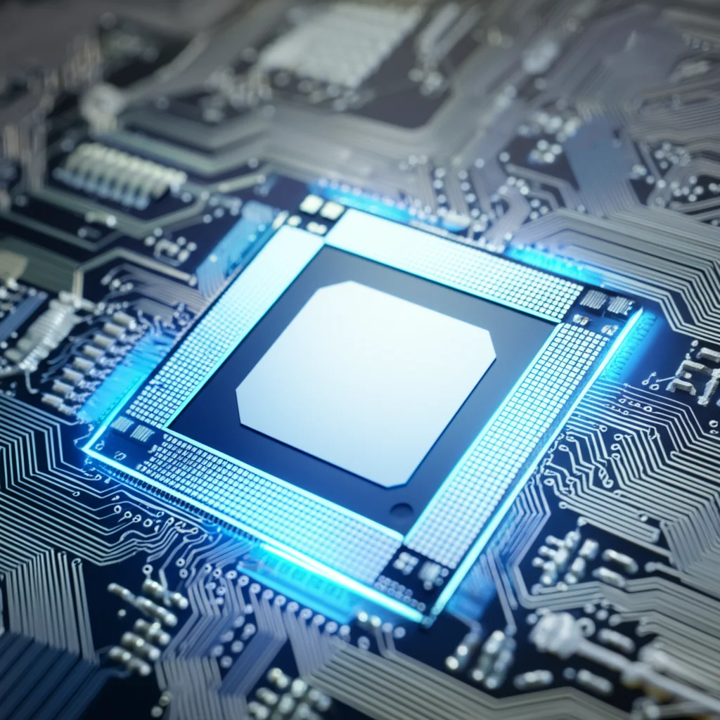 Primo piano di un microchip complesso con intricati percorsi luminosi che simboleggiano il flusso di dati. Macro lens, 100mm, high detail, precise focusing, controlled lighting fredda (toni blu e argento) per un look tecnologico.