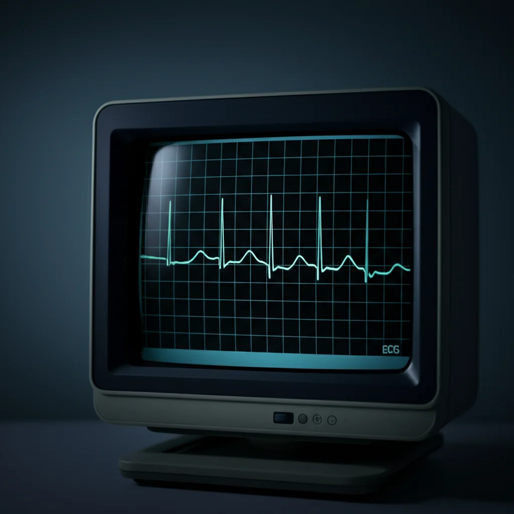 Un monitor ECG che mostra un tracciato di fibrillazione atriale che si converte in ritmo sinusale, con una luce soffusa che illumina lo schermo, obiettivo 35mm, effetto duotone blu e grigio per un'atmosfera clinica ma speranzosa.