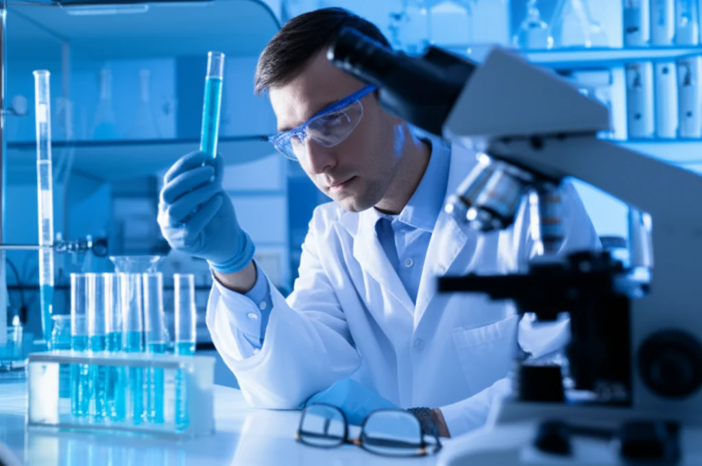 Un laboratorio scientifico moderno, un ricercatore in camice bianco osserva attentamente una provetta contenente un liquido blu sotto una luce intensa. Sullo sfondo, attrezzature da laboratorio come microscopi e centrifughe. Macro lens, 80mm, high detail, precise focusing, controlled lighting.