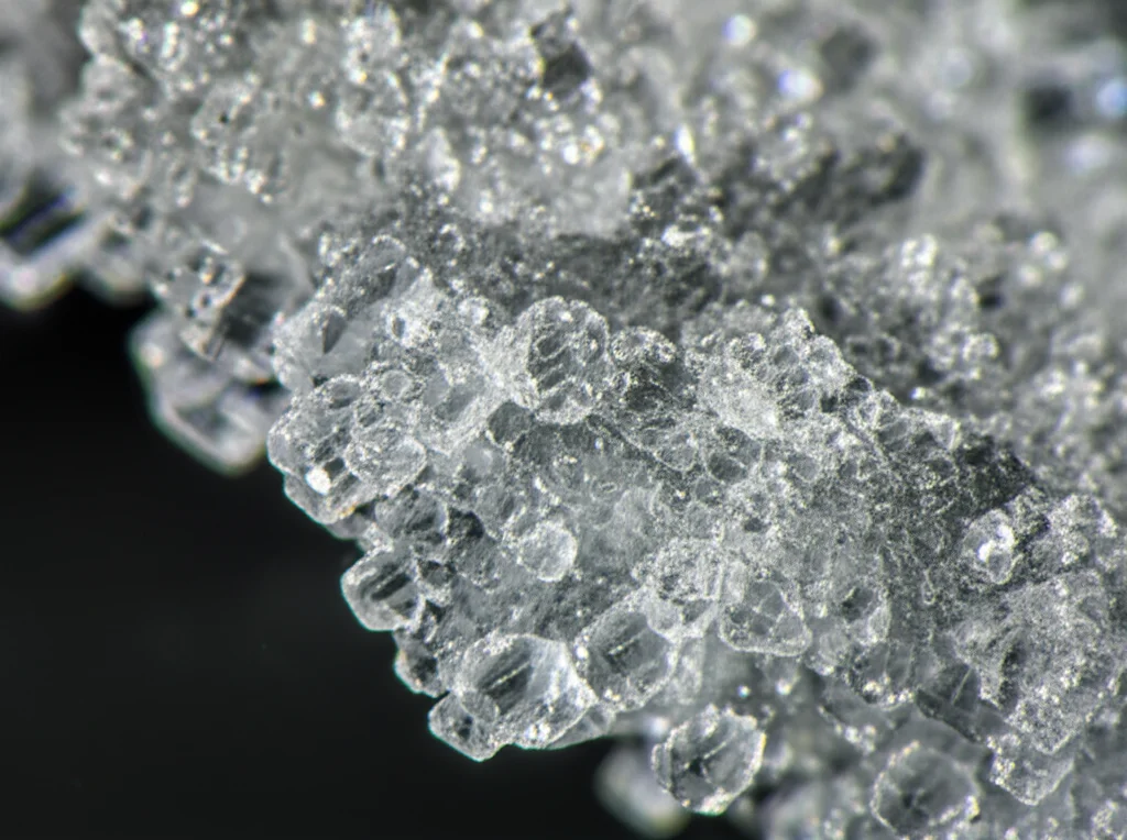 Immagine macro fotorealistica di cristalli purificati di acido abietico su un vetrino da microscopio, con luce laterale che ne esalta la struttura tridimensionale, obiettivo macro 100mm, alta definizione.