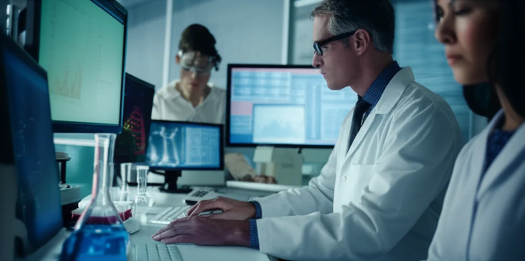 Un team di ricercatori in un moderno laboratorio di oncologia discute animatamente davanti a schermi che mostrano dati e grafici di sopravvivenza. Obiettivo prime 35mm, luce da laboratorio brillante ma non dura, focus sui volti concentrati dei ricercatori e sui dati proiettati.