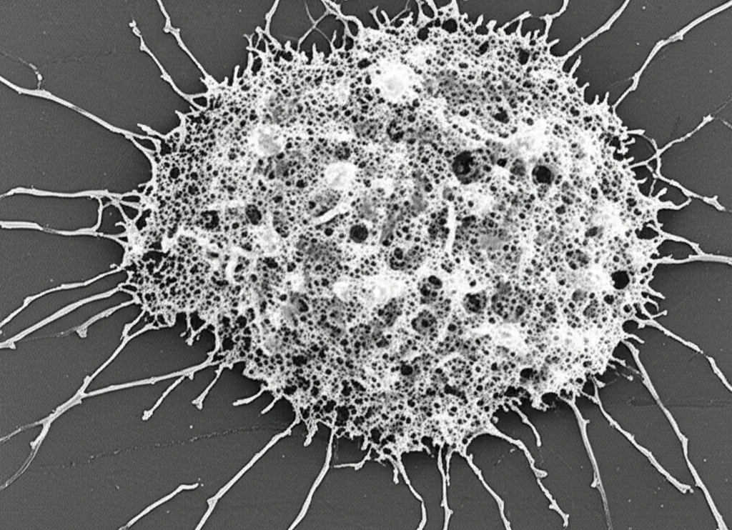Micrografia elettronica a scansione fotorealistica di cellule Caco-2 (cancro colon-rettale) che subiscono apoptosi dopo trattamento combinato, mostrando blebbing della membrana e corpi apoptotici, alto dettaglio, obiettivo macro 60mm, illuminazione controllata.