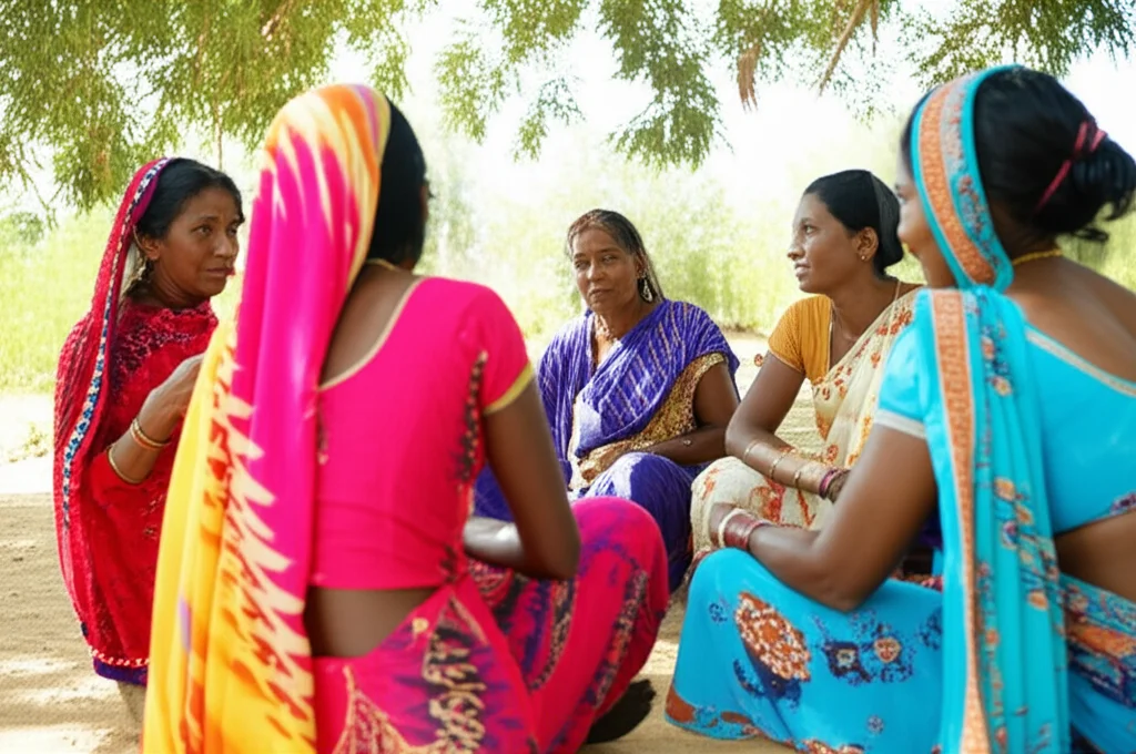 Un gruppo di donne indiane di una comunità rurale sedute in cerchio durante un incontro di sensibilizzazione sulla salute, condotto da un'operatrice sanitaria. L'ambiente è semplice, forse sotto un albero o in un cortile. Telephoto zoom, 150mm, per catturare le interazioni e le espressioni, luce naturale diffusa.