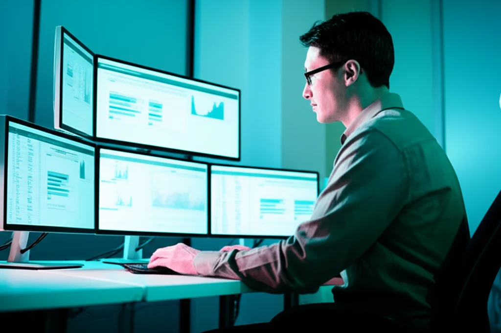 Un ricercatore osserva attentamente grafici di prestazioni su più monitor in un laboratorio high-tech, illuminazione controllata, obiettivo prime 35mm per un ritratto ambientale, duotone ciano e magenta per un'atmosfera futuristica.