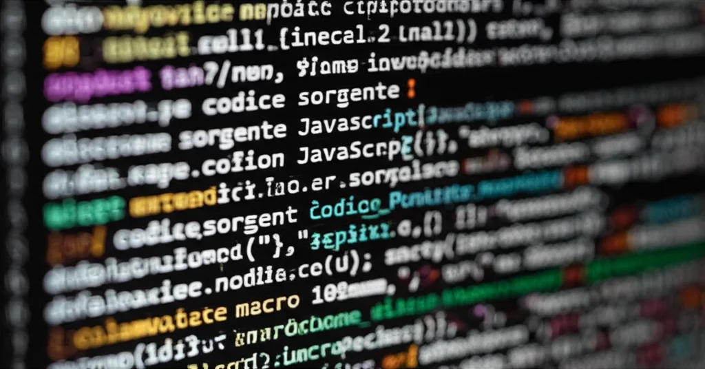Primo piano di codice sorgente JavaScript su uno schermo scuro, con evidenziazione della sintassi relativa a una libreria di visualizzazione grafi. Obiettivo macro 100mm, alta definizione del testo, illuminazione precisa sui dettagli del codice.