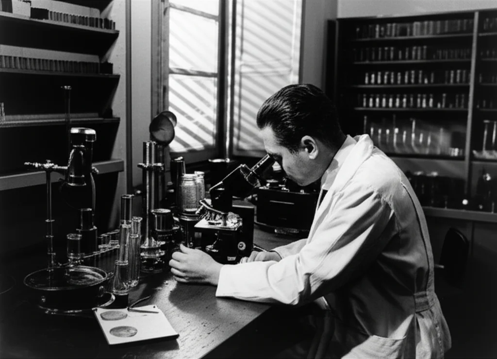 Un patologo in un laboratorio storico degli anni '50 intento ad esaminare vetrini istologici al microscopio, con luce naturale che filtra da una finestra. Prime lens, 35mm, bianco e nero, profondità di campo, atmosfera da film noir.