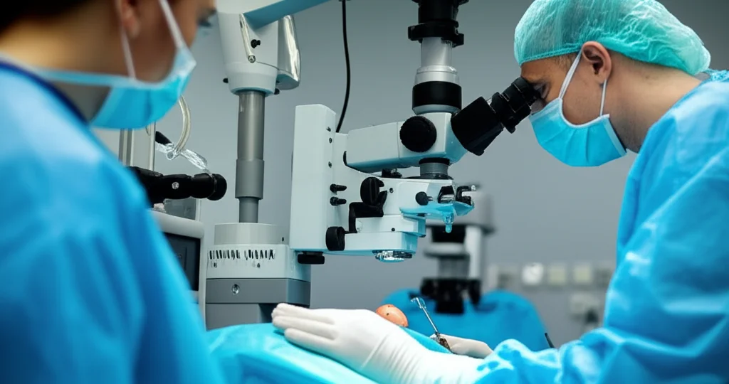 Un chirurgo oftalmico che esegue un intervento di microchirurgia oculare, visto attraverso un microscopio operatorio, con strumenti chirurgici di precisione. Telephoto zoom, 100-400mm, fast shutter speed, illuminazione chirurgica brillante.