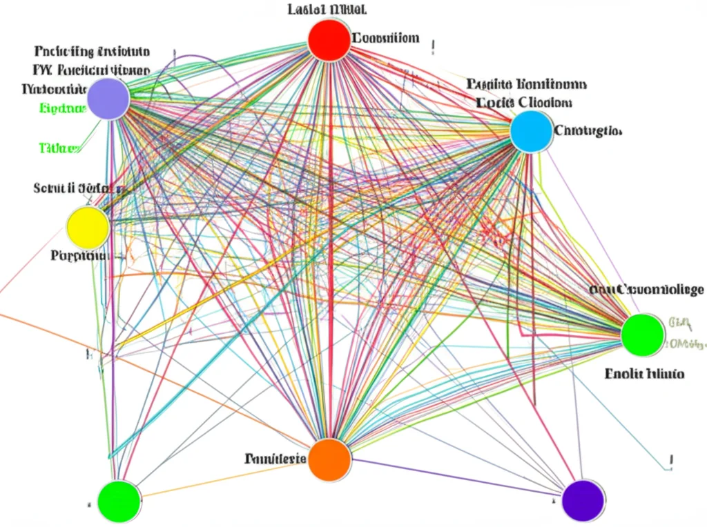 Una schermata di un'applicazione web che mostra una complessa visualizzazione di un grafo di una supply chain, con nodi che rappresentano fornitori e clienti. Obiettivo zoom 24-35mm, profondità di campo per evidenziare l'interconnessione, colori vivaci per distinguere i percorsi.