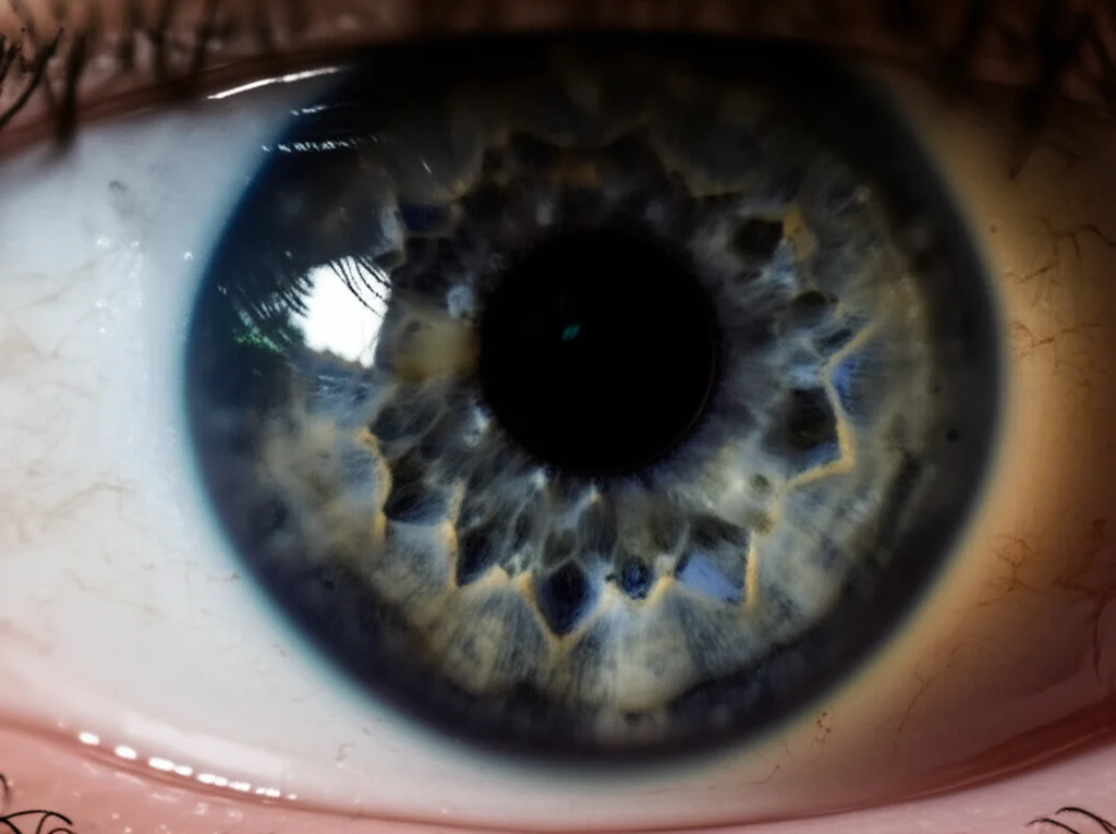 Immagine macro ad alta definizione di una cornea umana affetta da distrofia di Fuchs, che mostra le caratteristiche guttae sull'endotelio. Macro lens, 100mm, high detail, precise focusing, controlled lighting.