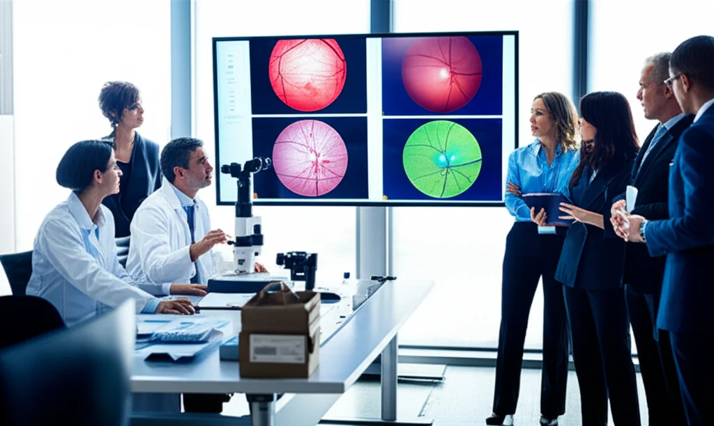 Un team di oftalmologi e patologi che discute casi clinici complessi osservando immagini digitali di vetrini istologici su un grande schermo in una sala conferenze moderna. Prime lens, 24mm, luce ambientale controllata, colori vividi.