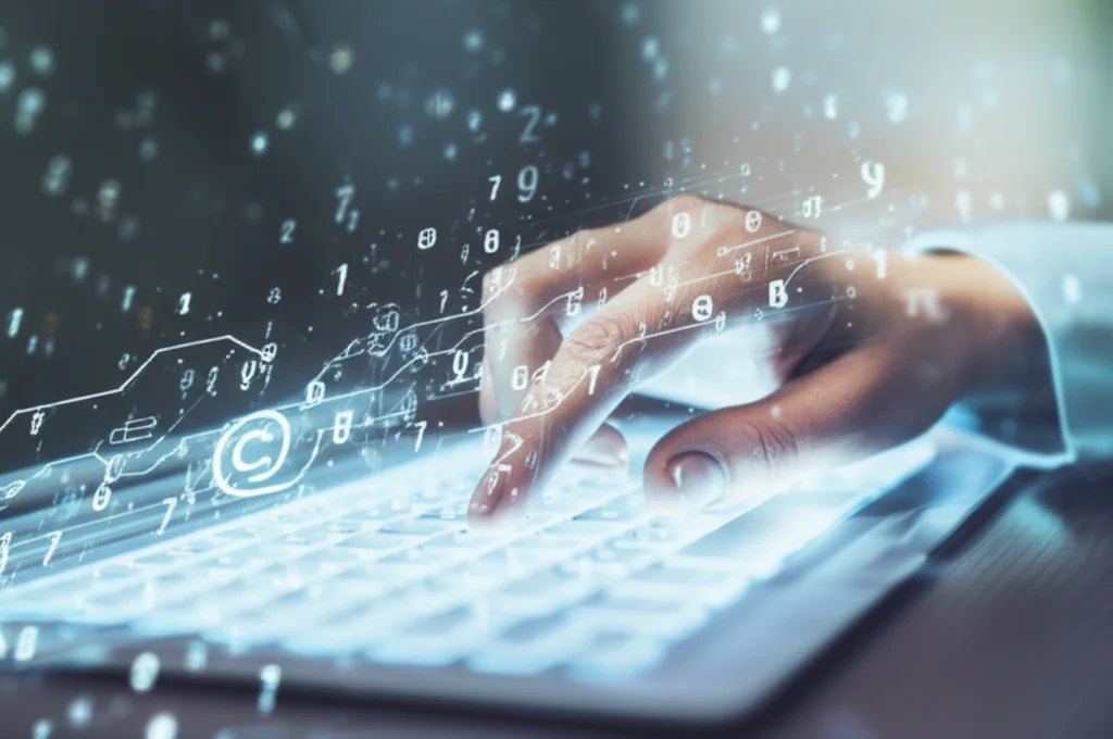 Un'immagine concettuale che mostra una mano umana che digita su una tastiera futuristica, con linee di codice e simboli di copyright che fluttuano intorno. Sullo schermo del computer, un'interfaccia AI complessa. L'illuminazione è controllata, con un focus preciso sulla mano e sulla tastiera, suggerendo l'interazione tra uomo e macchina. Macro lens, 60mm, high detail.