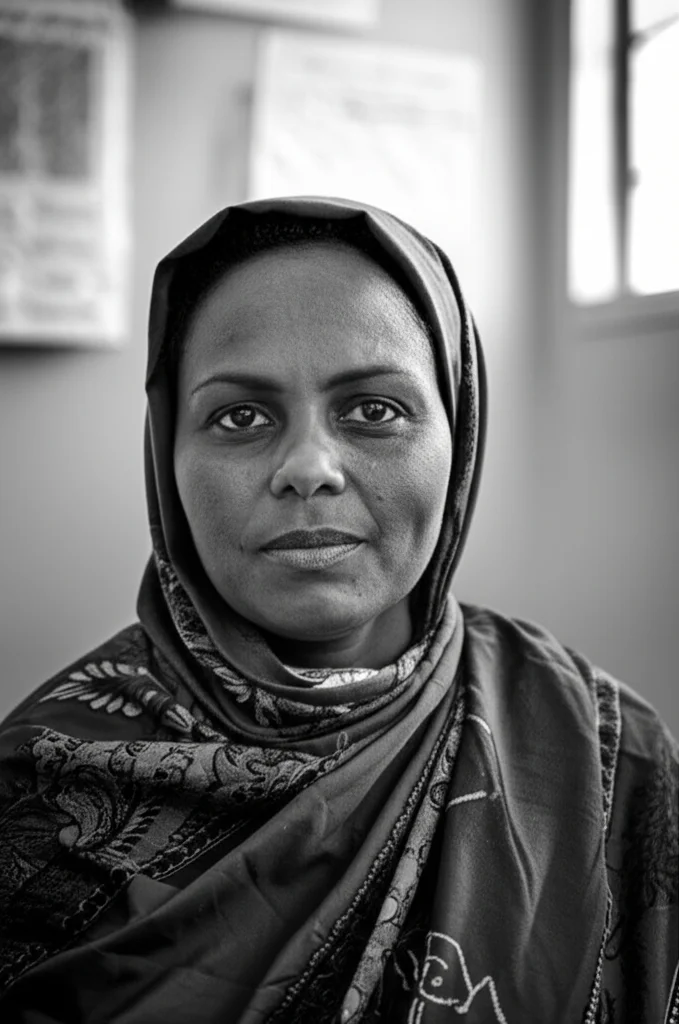 Ritratto fotografico di un'ostetrica sudanese con un'espressione seria ma compassionevole, in una clinica modestamente attrezzata. Obiettivo da 35mm, bianco e nero, profondità di campo per evidenziare il suo volto e lo sfondo sfocato della clinica, luce soffusa proveniente da una finestra.