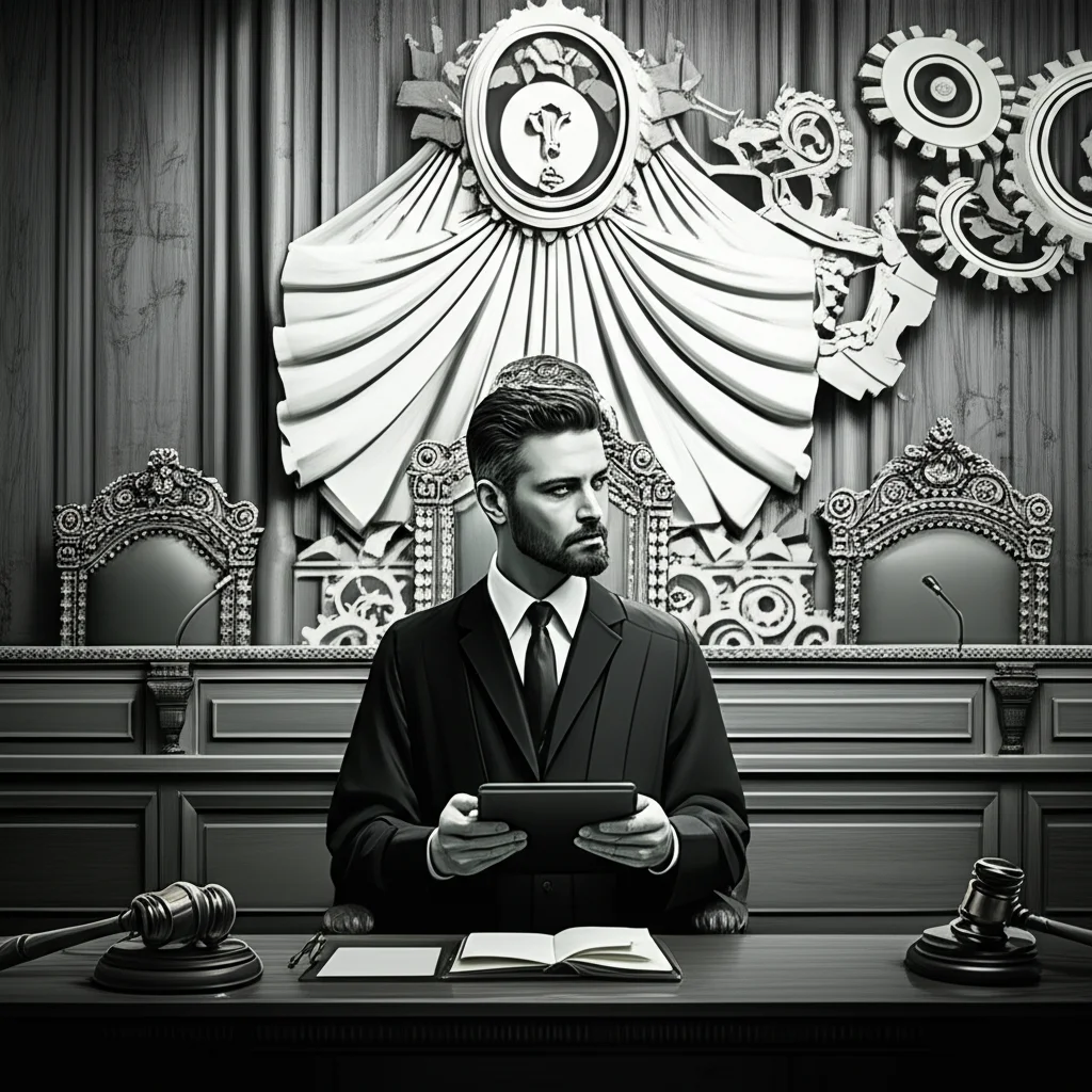 Un'aula di tribunale stilizzata, dove un giudice esamina un'opera d'arte digitale su un tablet. Sullo sfondo, simboli legali e ingranaggi che rappresentano il processo decisionale. L'immagine dovrebbe trasmettere la complessità della valutazione del copyright nell'era digitale. Prime lens, 35mm, film noir, con forti contrasti e ombre per un effetto drammatico.