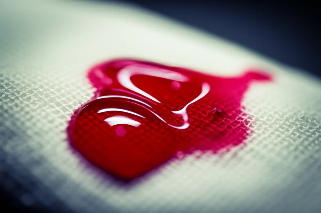 Fotografia macro di gocce di sangue su una garza sterile, simbolo dell'emorragia ostetrica. Obiettivo macro da 100mm, alta definizione, illuminazione drammatica e controllata per enfatizzare la texture e il colore rosso intenso del sangue.