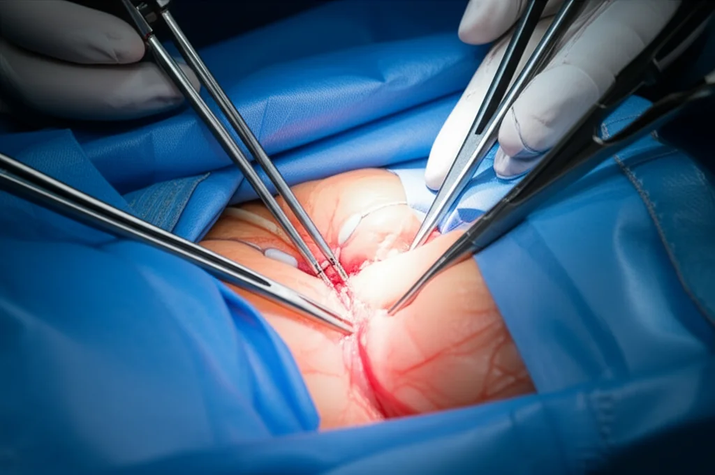 Primo piano di strumenti chirurgici laparoscopici mentre eseguono una sutura intracorporea su un modello anatomico intestinale, illuminazione da sala operatoria, obiettivo macro 100mm per dettaglio estremo sulla sutura e sugli strumenti, alta definizione.