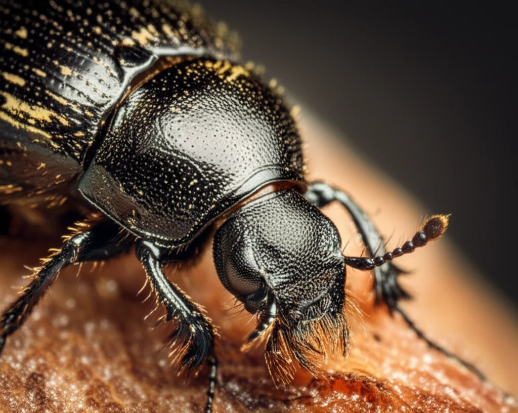 Primo piano macro di un coleottero Dermestidae su un frammento di tessuto mummificato, obiettivo macro 60mm, illuminazione laterale controllata per enfatizzare i dettagli del carapace e le setole, alta definizione, sfondo scuro e leggermente sfocato per isolare il soggetto.