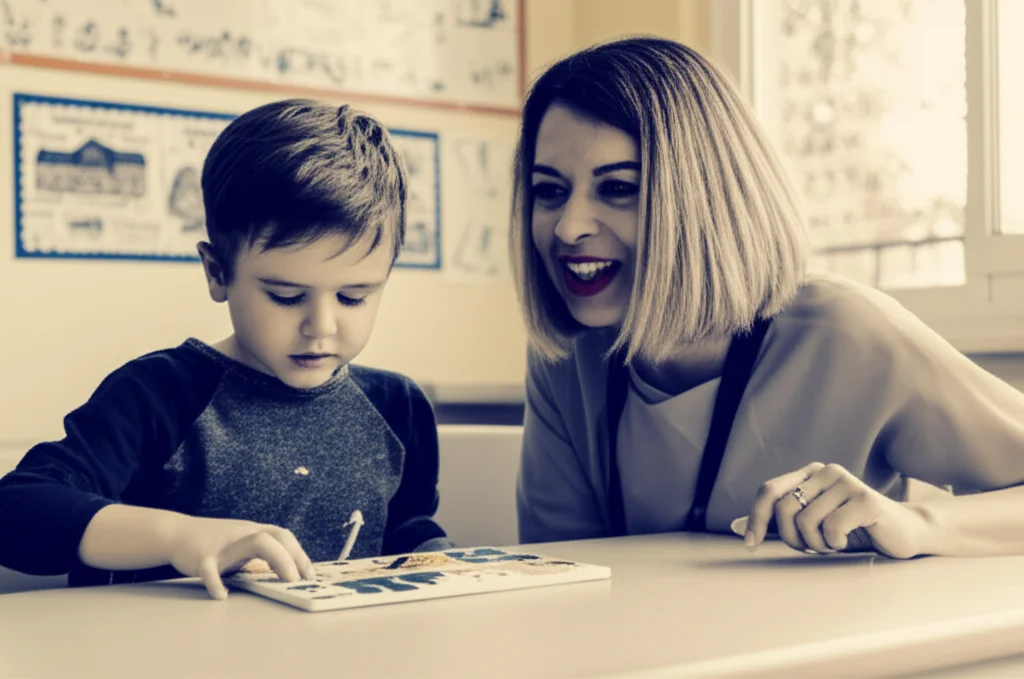Un'aula scolastica luminosa e accogliente, un bambino autistico di circa 8 anni è seduto a un banco e lavora concentrato su un puzzle tridimensionale, con un'insegnante di sostegno al suo fianco che lo osserva con un sorriso incoraggiante. L'ambiente è sereno e inclusivo, con materiali didattici colorati e poster educativi sullo sfondo. Fotografia stile ritratto, obiettivo prime 35mm, luce naturale diffusa che entra da una finestra, profondità di campo che sfoca leggermente lo sfondo per mettere a fuoco il bambino e l'insegnante, duotone seppia e blu.