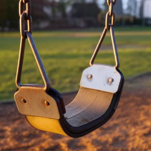 Fotografia macro di una vecchia altalena in legno in un parco giochi vuoto al tramonto, obiettivo 60mm, luce calda e controllata, alta definizione, a simboleggiare le radici dell'infanzia e l'equilibrio ricercato nella vita adulta.
