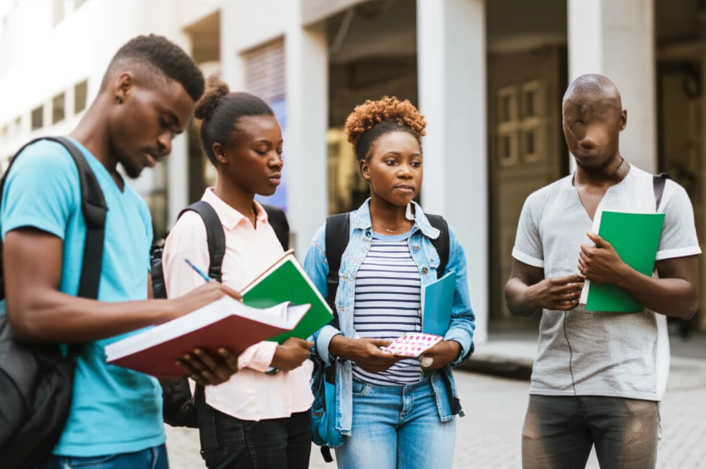 Fotografia realistica di un gruppo eterogeneo di studenti universitari nigeriani che discutono animatamente in un campus universitario moderno. Alcuni tengono in mano libri di testo, uno guarda preoccupato un blister di pillole. Obiettivo 50mm, luce diurna morbida, profondità di campo media per includere il gruppo ma sfocare leggermente lo sfondo.