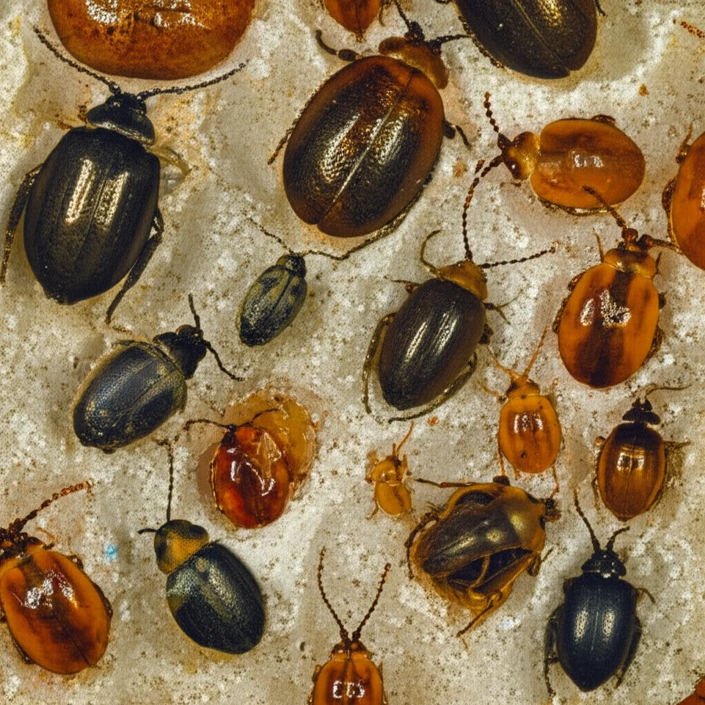 Immagine macro altamente dettagliata di vari resti di insetti archeologici, come elitre di coleotteri scuri e lucidi e pupari di ditteri color ambra, rinvenuti su resti mummificati avvolti in tessuto logoro all'interno di una cripta antica. Obiettivo macro 100mm, illuminazione controllata e radente per evidenziare le texture e i colori tenui dei reperti, messa a fuoco precisa sui dettagli morfologici degli insetti, sfondo scuro e suggestivo della cripta.