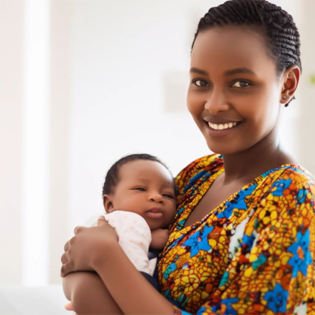 Ritratto fotografico di una madre sudanese che tiene in braccio il suo neonato, entrambi sorridenti, in un ambiente luminoso e speranzoso. Obiettivo da 35mm, colori caldi, profondità di campo per enfatizzare l'intimità del momento e lo sfondo leggermente sfocato che suggerisce una clinica o un ambiente domestico pulito.