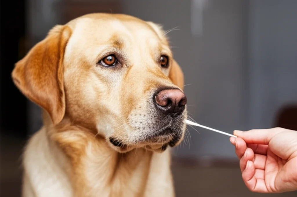 Un cane Labrador adulto guarda incuriosito un tampone salivare tenuto da una mano umana, pronto per un test del cortisolo, portrait photography, 35mm, depth of field, luce naturale soffusa.