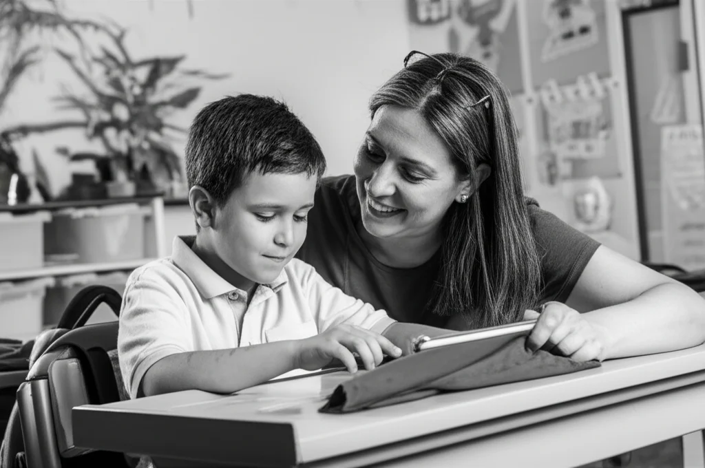 Un'aula scolastica luminosa e accogliente, un bambino autistico di circa 8 anni è seduto a un banco e lavora concentrato su un tablet con un'insegnante di sostegno al suo fianco che lo guida con un sorriso. L'ambiente è sereno e inclusivo, con materiali didattici colorati sullo sfondo. Fotografia stile ritratto, obiettivo 35mm, luce naturale diffusa, profondità di campo che sfoca leggermente lo sfondo per mettere a fuoco il bambino e l'insegnante, bianco e nero con elevato contrasto, stile film noir.