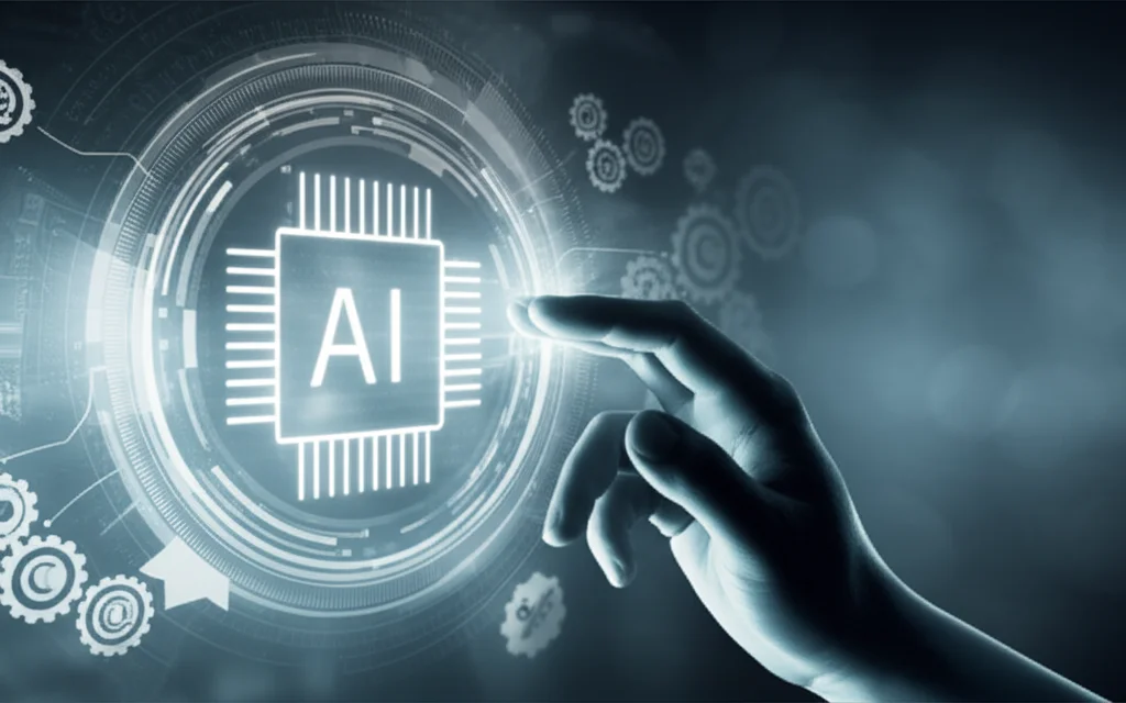 Un'immagine concettuale che rappresenta l'intersezione tra creatività umana e intelligenza artificiale nel contesto del diritto d'autore. Mostra una mano umana che interagisce con un'interfaccia digitale luminosa che simboleggia l'IA, con simboli di copyright e ingranaggi stilizzati sullo sfondo. Prime lens, 35mm, depth of field, duotone blu e argento per un look moderno e tecnologico, con un leggero effetto bokeh per concentrare l'attenzione sull'interazione.