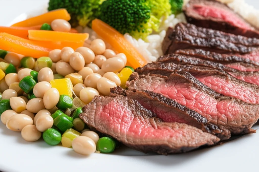 Un'immagine still life con macro lens da 100mm che mostra un piatto bilanciato: una piccola porzione di carne rossa affiancata da una generosa e colorata porzione di verdure fresche, legumi e cereali integrali, con illuminazione controllata e alta definizione dei dettagli, a simboleggiare la sostituzione parziale.