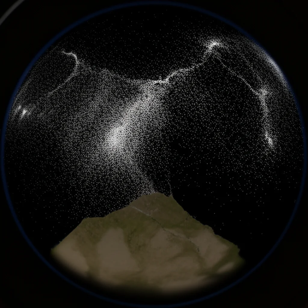 Visualizzazione 3D di dati sismici spazio-temporali, con cluster di eventi luminosi che emergono da uno sfondo scuro rappresentante la crosta terrestre. Wide-angle lens, 10mm, long exposure times, sharp focus, rappresentazione scientifica avanzata del clustering sismico.