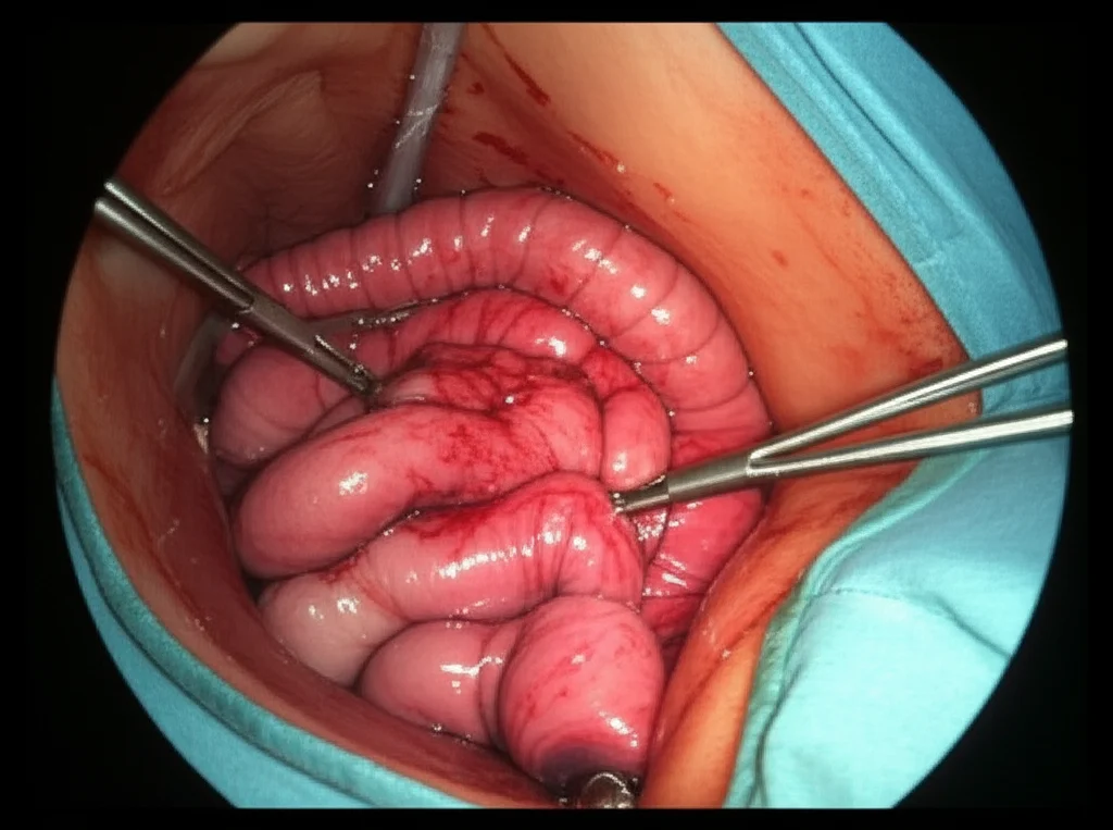 Visualizzazione interna dell'addome durante un intervento di colectomia laparoscopica con anastomosi intracorporea, si vedono gli strumenti chirurgici che operano sull'intestino, illuminazione chiara e dettagliata, obiettivo macro 60mm per evidenziare la precisione dell'intervento.