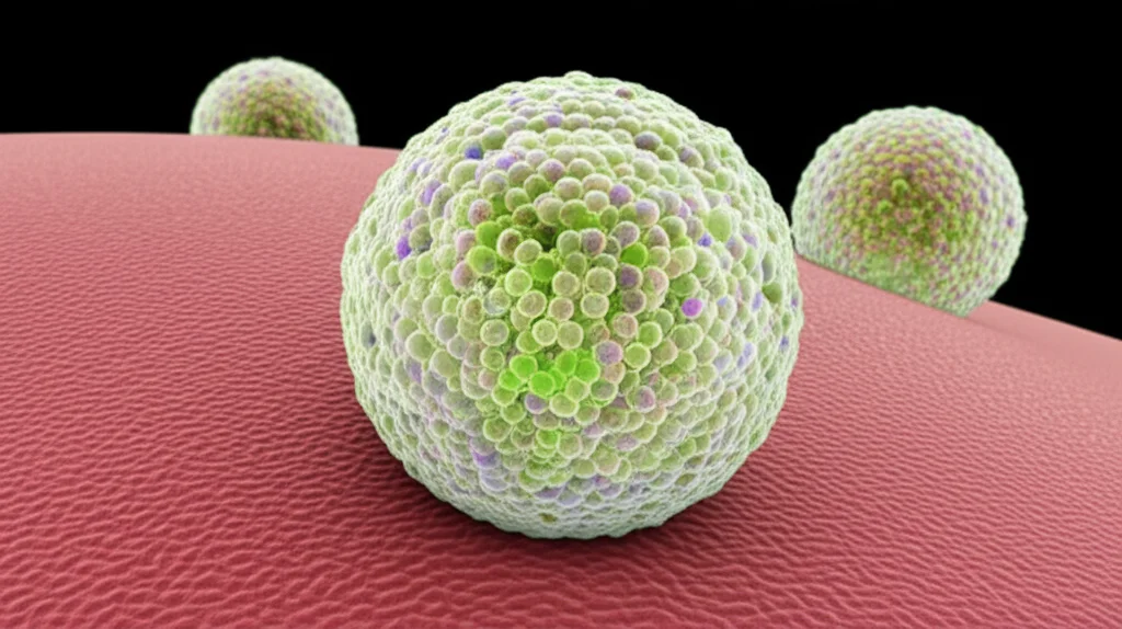 Macro fotografia, 100mm lens, di nanoparticelle lipidiche sferiche, leggermente iridescenti, che incapsulano filamenti di mRNA, con alcune che iniziano a fondersi con la membrana di una cellula biologica. Illuminazione da laboratorio controllata, alta definizione, sfondo leggermente sfocato per enfatizzare i dettagli delle nanoparticelle e dell'interazione cellulare.