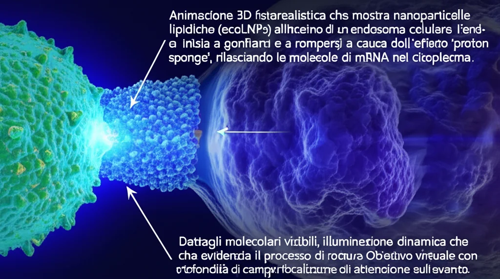 Animazione 3D fotorealistica che mostra nanoparticelle lipidiche (ecoLNPs) all'interno di un endosoma cellulare. L'endosoma inizia a gonfiarsi e a rompersi a causa dell'effetto 'proton sponge', rilasciando le molecole di mRNA nel citoplasma. Dettagli molecolari visibili, illuminazione dinamica che evidenzia il processo di rottura. Obiettivo virtuale con profondità di campo ridotta per focalizzare l'attenzione sull'evento.