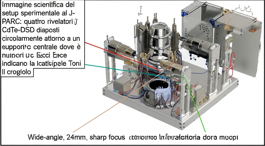 Immagine scientifica del setup sperimentale al J-PARC: quattro rivelatori CdTe-DSD disposti circolarmente attorno a un supporto centrale dove è montato il crogiolo Edo. Fasci di luce stilizzati indicano la traiettoria dei muoni. Wide-angle, 24mm, sharp focus, ambiente di laboratorio high-tech.