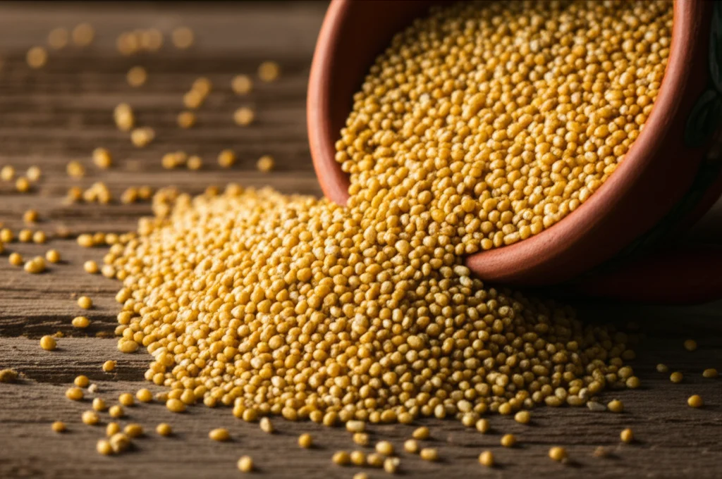 Chicchi di miglio panico dorati e lucenti, alcuni sparsi su un tavolo di legno rustico, altri raccolti in una ciotola di ceramica artigianale. Macro lens, 80mm, high detail, precise focusing, controlled lighting calda e naturale che ne esalta la texture.