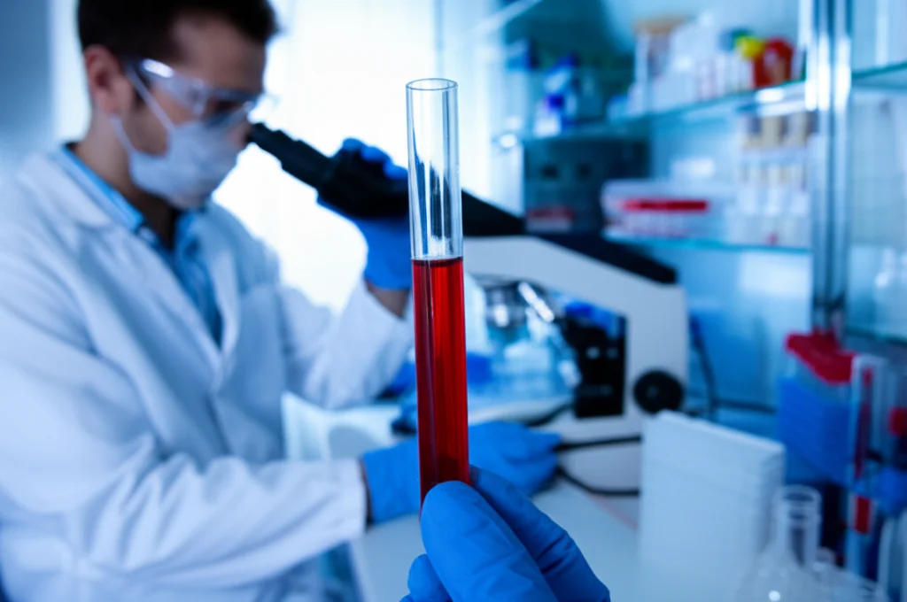 Fotografia macro di una provetta di sangue in un laboratorio di ricerca high-tech, con scienziati che lavorano su campioni al microscopio sullo sfondo, illuminazione controllata e precisa, obiettivo macro 90mm, alta definizione dei dettagli. Un ricercatore in camice bianco osserva attentamente la provetta.