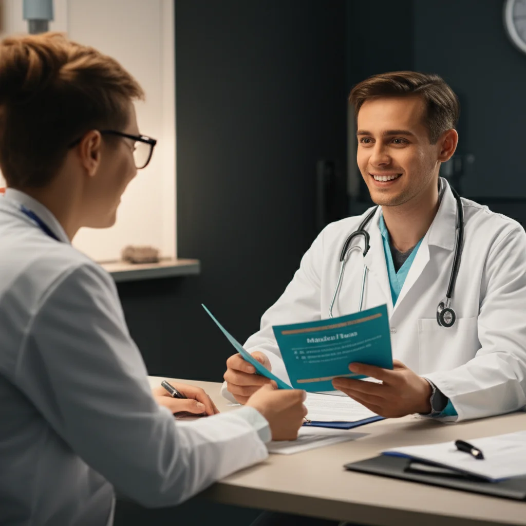Medico di base che discute con un paziente con dolore al collo in uno studio medico. Il medico indica un opuscolo informativo. Prime lens, 35mm, depth of field, luce naturale calda, atmosfera rassicurante.