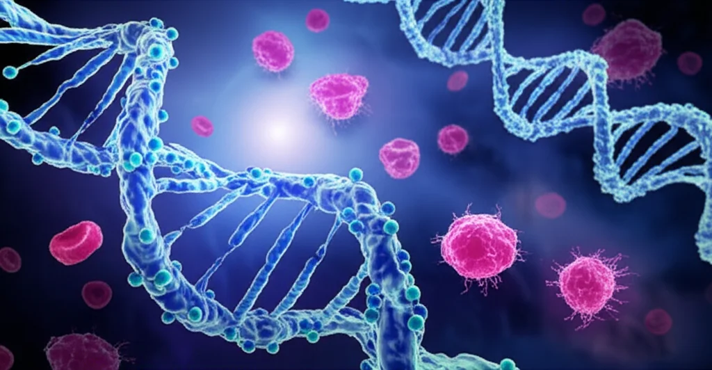 Visualizzazione 3D fotorealistica di geni OSR2 e TSPYL5 con marcatori di metilazione (piccole sfere luminose) attaccati alle eliche di DNA. Sullo sfondo, cellule epatiche sane e cellule tumorali (HCC) distinguibili per colore e morfologia, con un fascio di luce che illumina i geni target. Obiettivo macro 60mm, illuminazione controllata per evidenziare i dettagli molecolari.